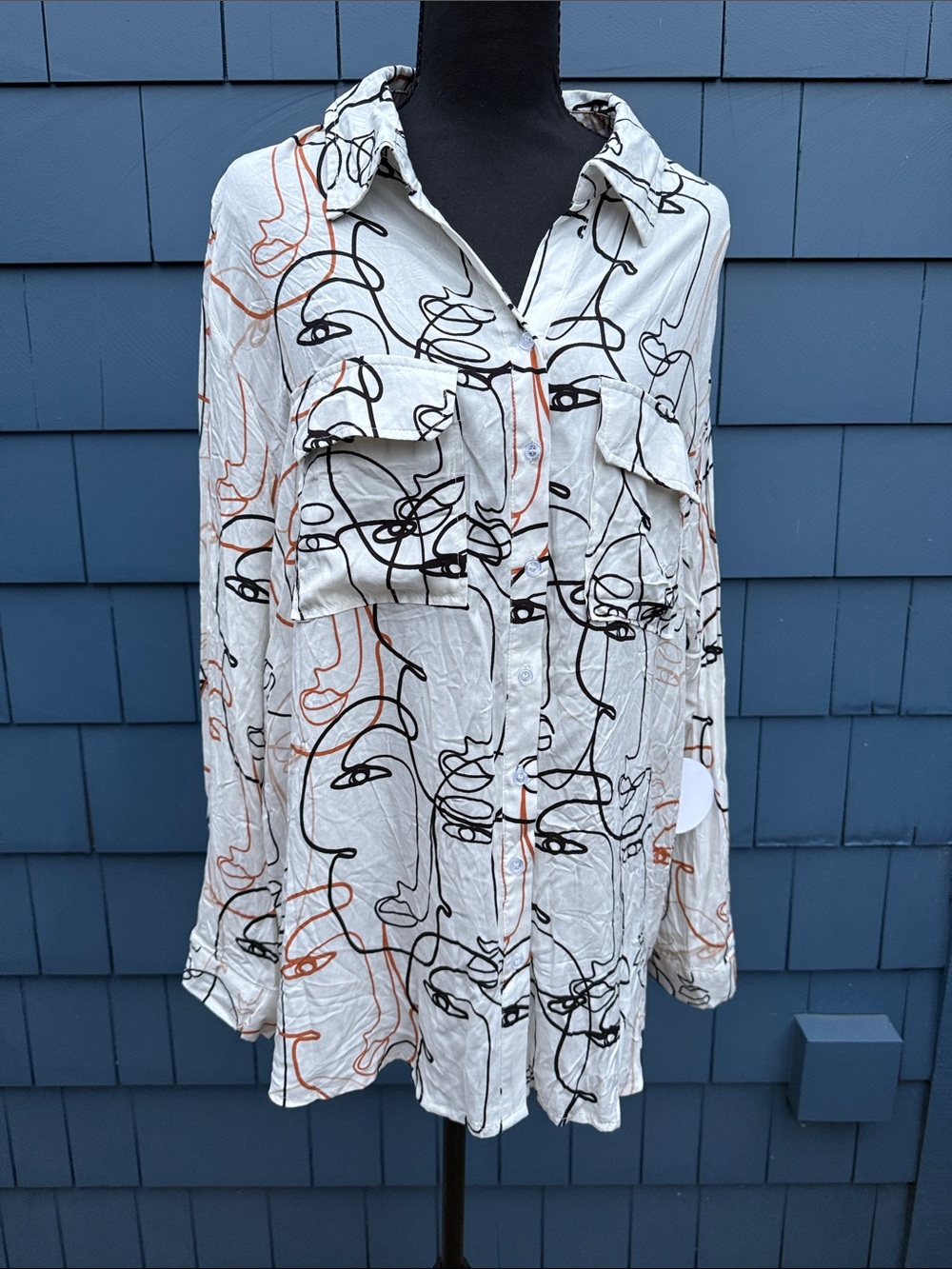 Milk & Honey blouse Line Art Button-Up Shirt - Ivory with Black & Rust Lines 2X